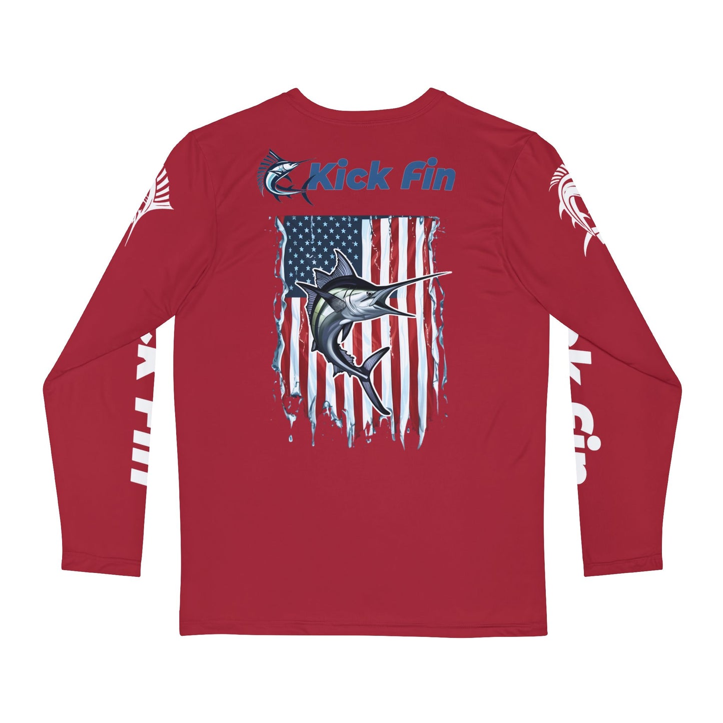 Kickin' Fin In The USA Flag Version Lightweight Moisture Wicking Long Sleeve Fishing T-Shirt