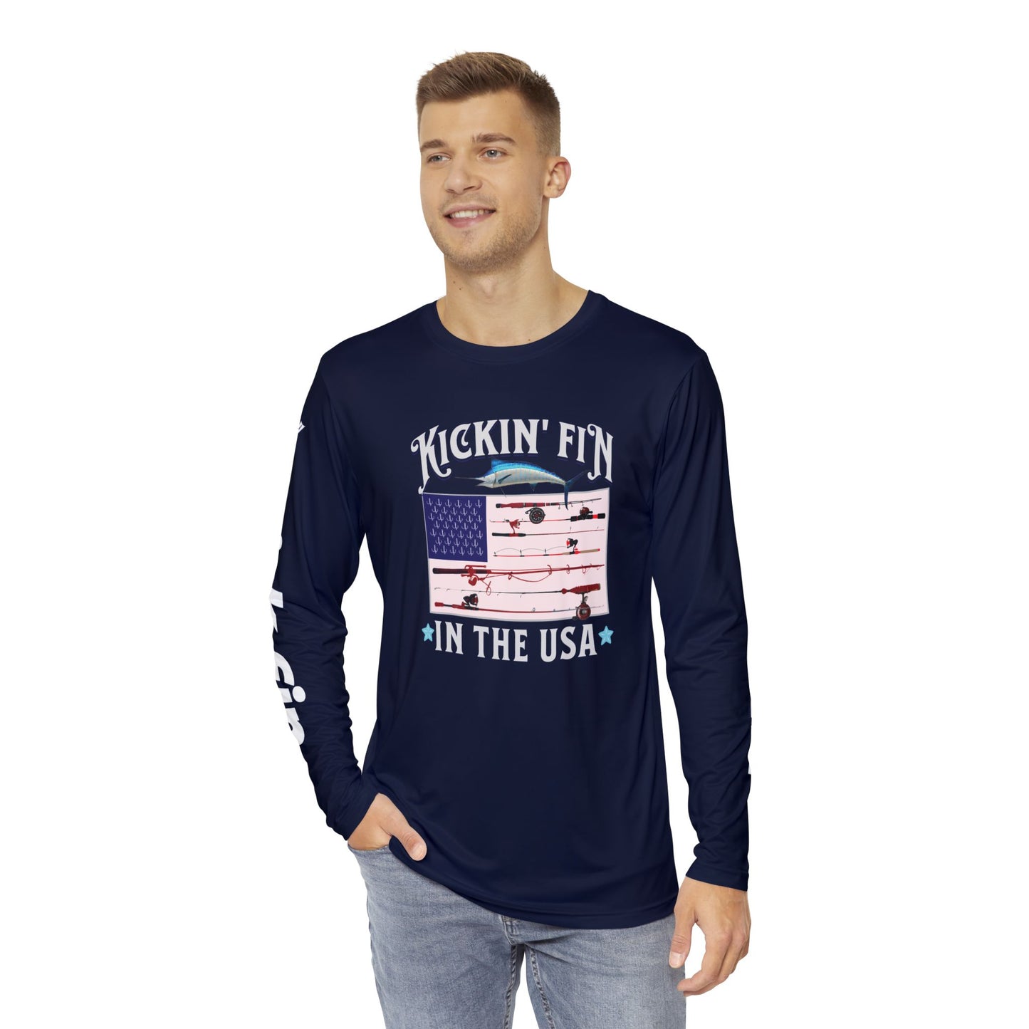 Kickin' Fin In The USA Flag Version Lightweight Moisture Wicking Long Sleeve Fishing T-Shirt