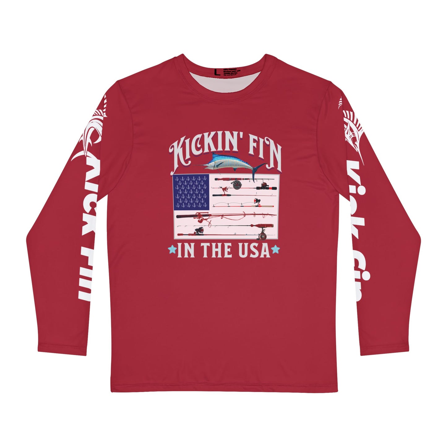 Kickin' Fin In The USA Flag Version Lightweight Moisture Wicking Long Sleeve Fishing T-Shirt