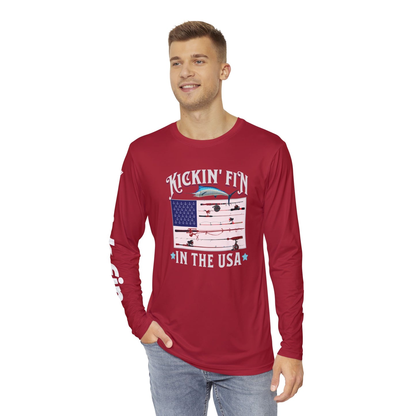 Kickin' Fin In The USA Flag Version Lightweight Moisture Wicking Long Sleeve Fishing T-Shirt