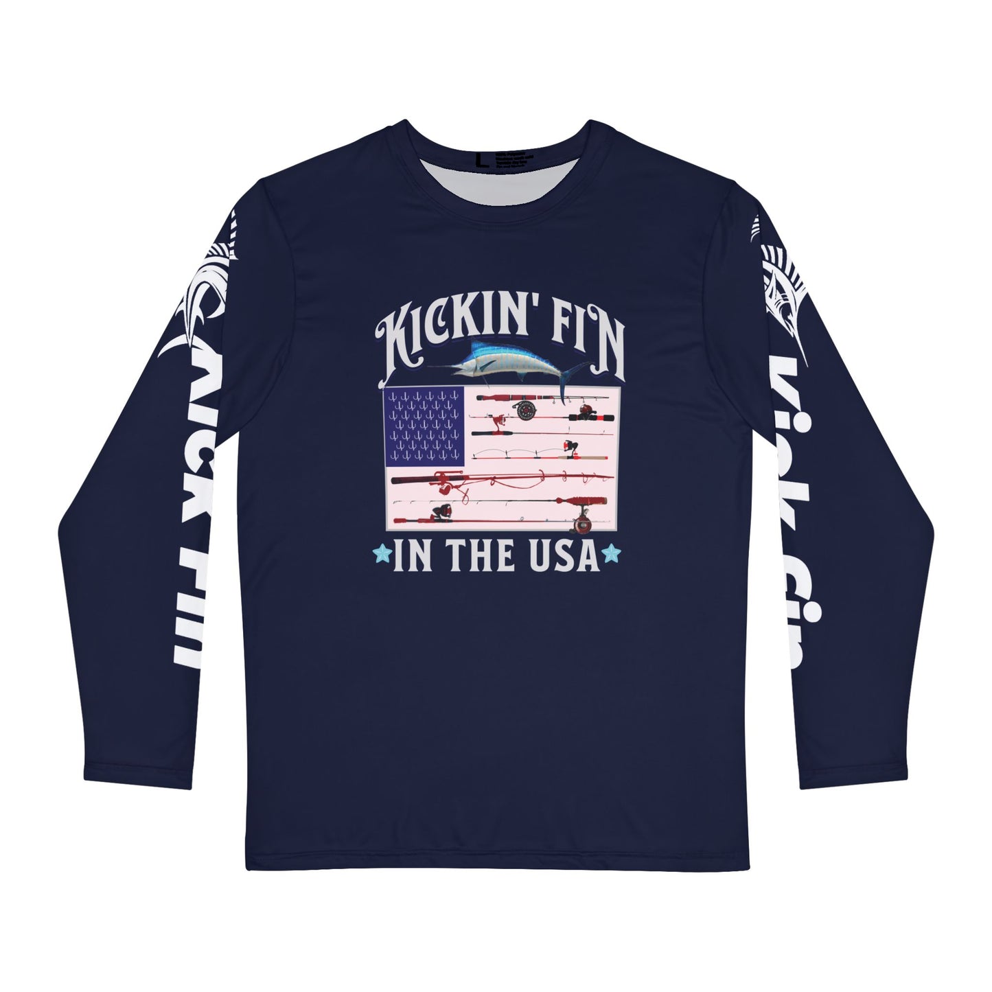 Kickin' Fin In The USA Flag Version Lightweight Moisture Wicking Long Sleeve Fishing T-Shirt