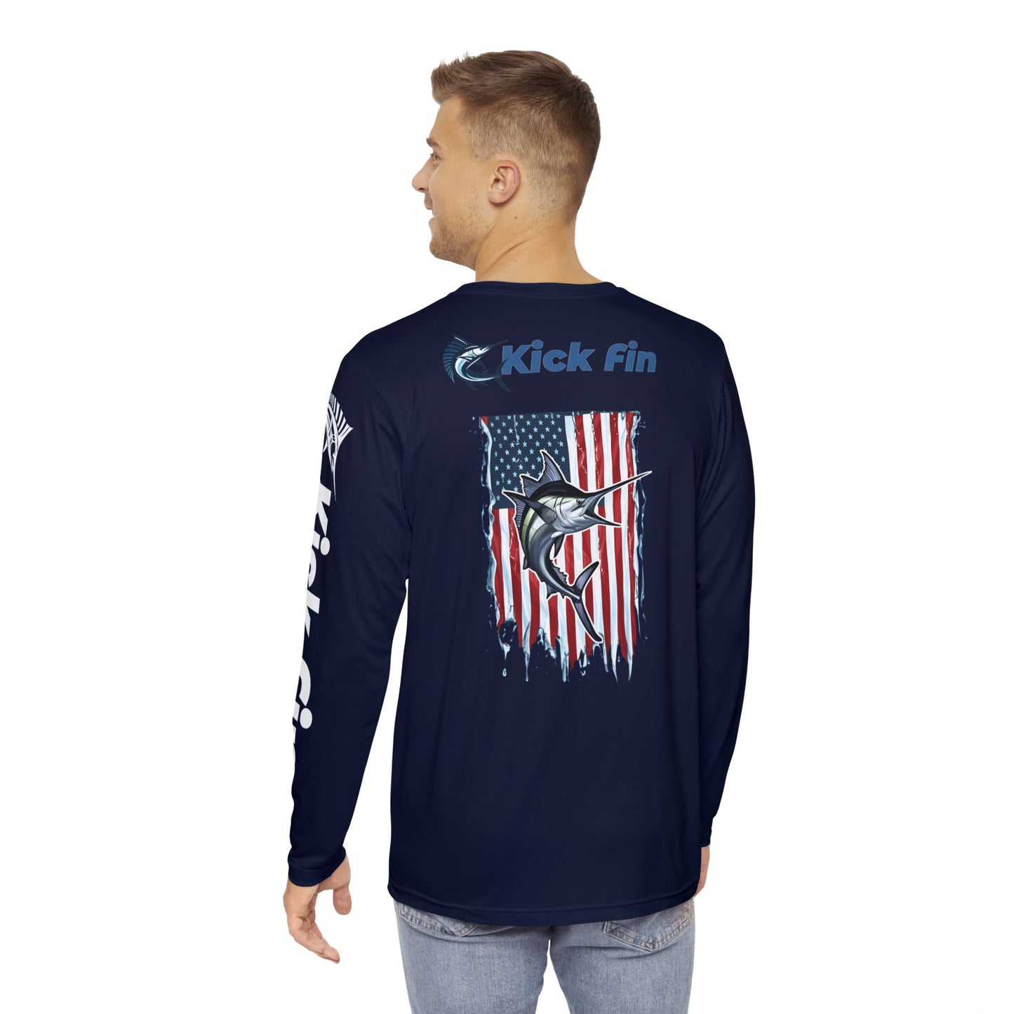 Kickin' Fin In The USA Flag Version Lightweight Moisture Wicking Long Sleeve Fishing T-Shirt