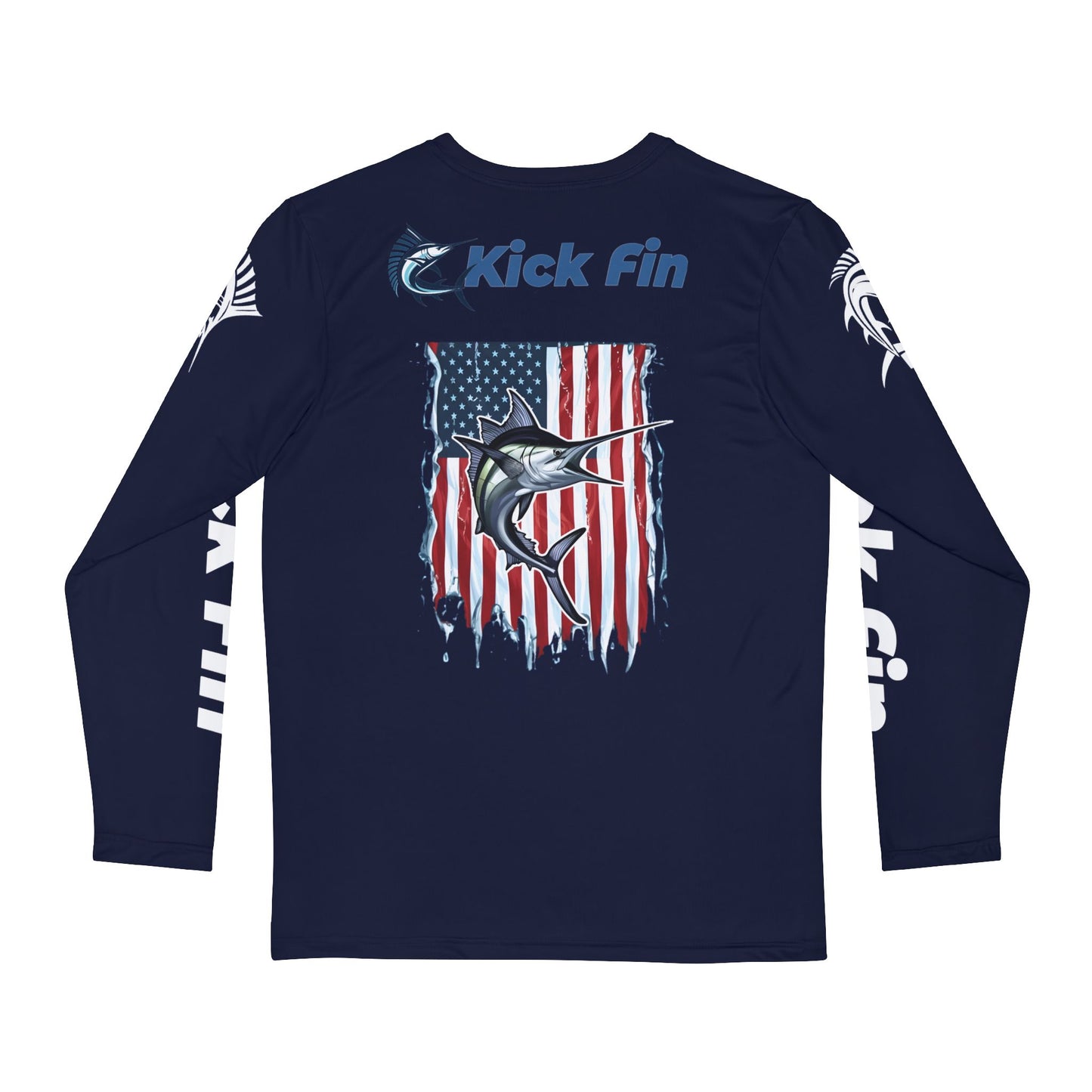 Kickin' Fin In The USA Flag Version Lightweight Moisture Wicking Long Sleeve Fishing T-Shirt